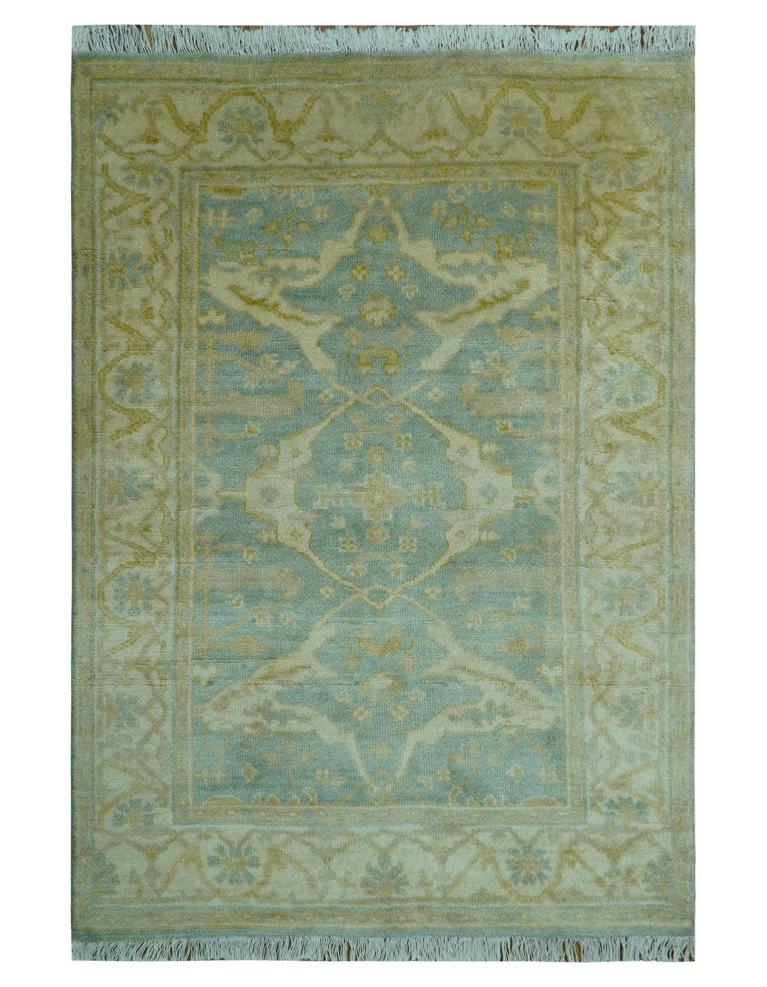 Traditional Oushak Design Blue And Beige 4x6 Hand Knotted Wool Area Rug