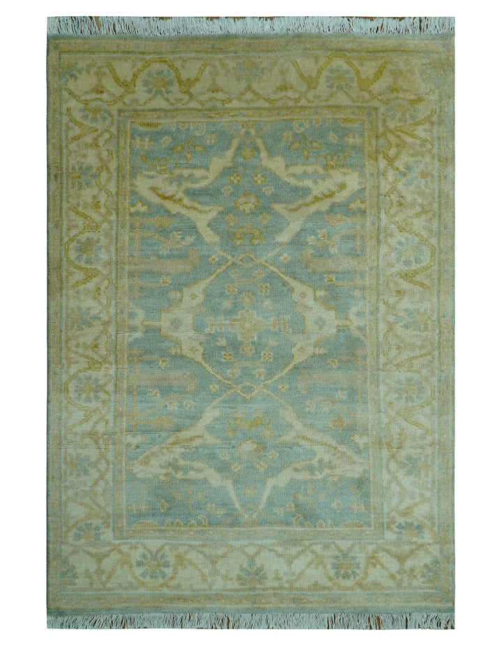 Traditional Oushak Design Blue And Beige 4x6 Hand Knotted Wool Area Rug