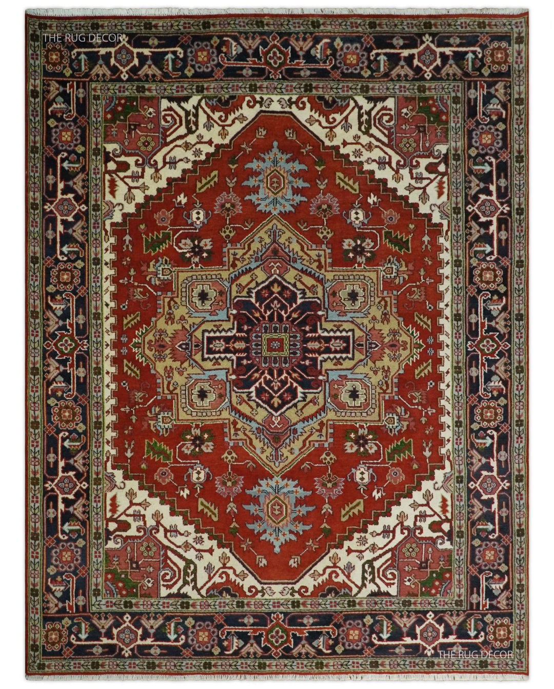 Red and blue hand-knotted Serapi rug with an ornate central medallion and patterned border