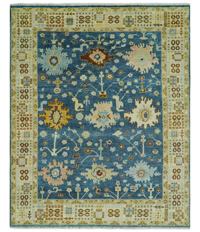 Hand knotted Blue and Beige 8x10 Traditional Oushak wool area rug