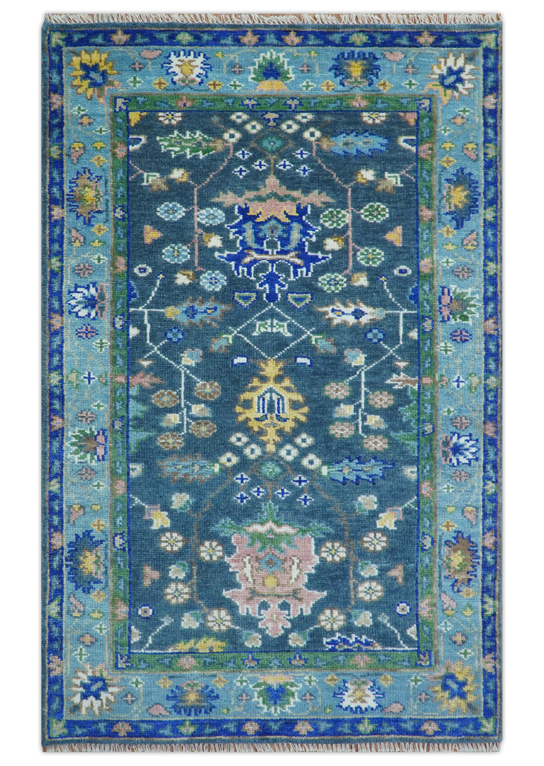 Ready to Ship 5x8 Hand Knotted Green and Blue Turkish Design Wool Rug