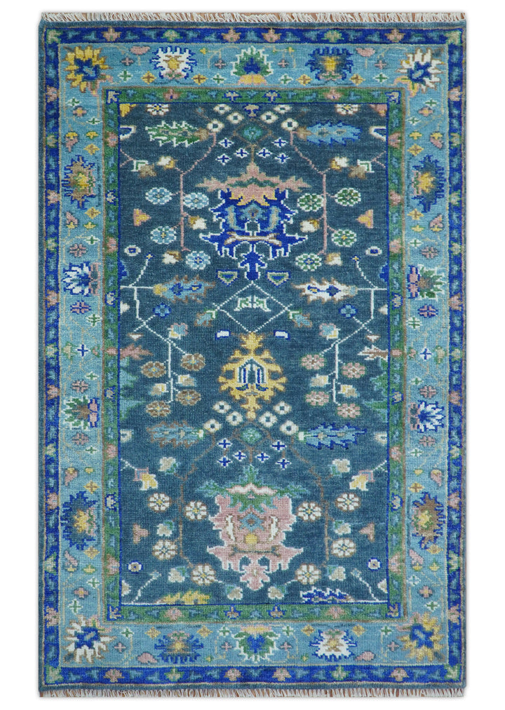 Ready to Ship 5x8 Hand Knotted Green and Blue Turkish Design Wool Rug