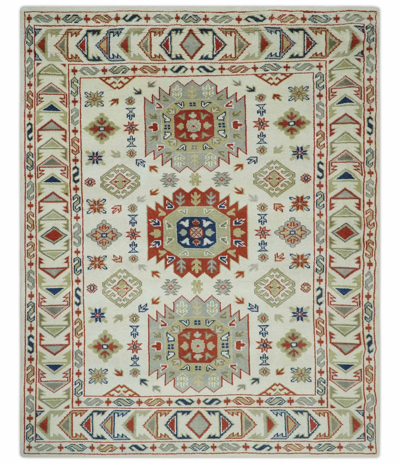 Traditional Mamluk design Ivory, Rust and Olive Hand knotted Multi Size wool rug