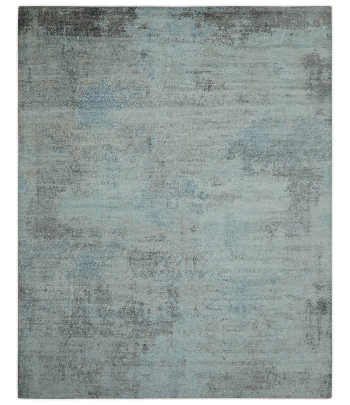 Abstract Blue And Gray  8x10 Hand Knotted Bamboo Silk Area Rug