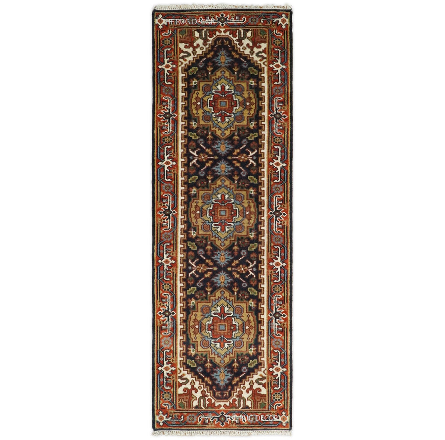 Sera Runner traditional wool rug with rust and dark blue geometric medallions