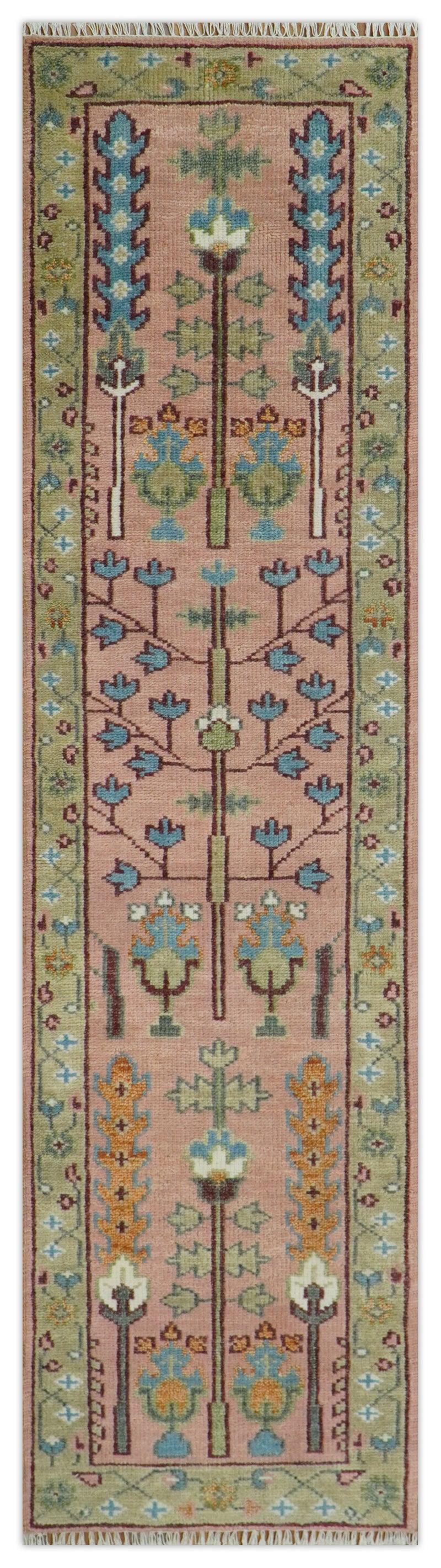 Ready to Ship Pink, Olive and Beige Traditional Vintage Style Tree Wool Rug