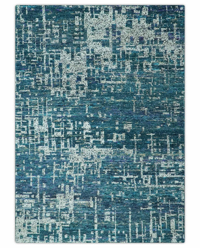 Modern Abstract Hand Knotted Teal and Ivory Contemporary Recycled Silk Area Rug