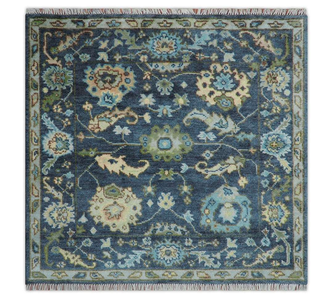 Quick Ship Small 5x5 Traditional Oushak Blue And Beige Hand Knotted Wool Rug