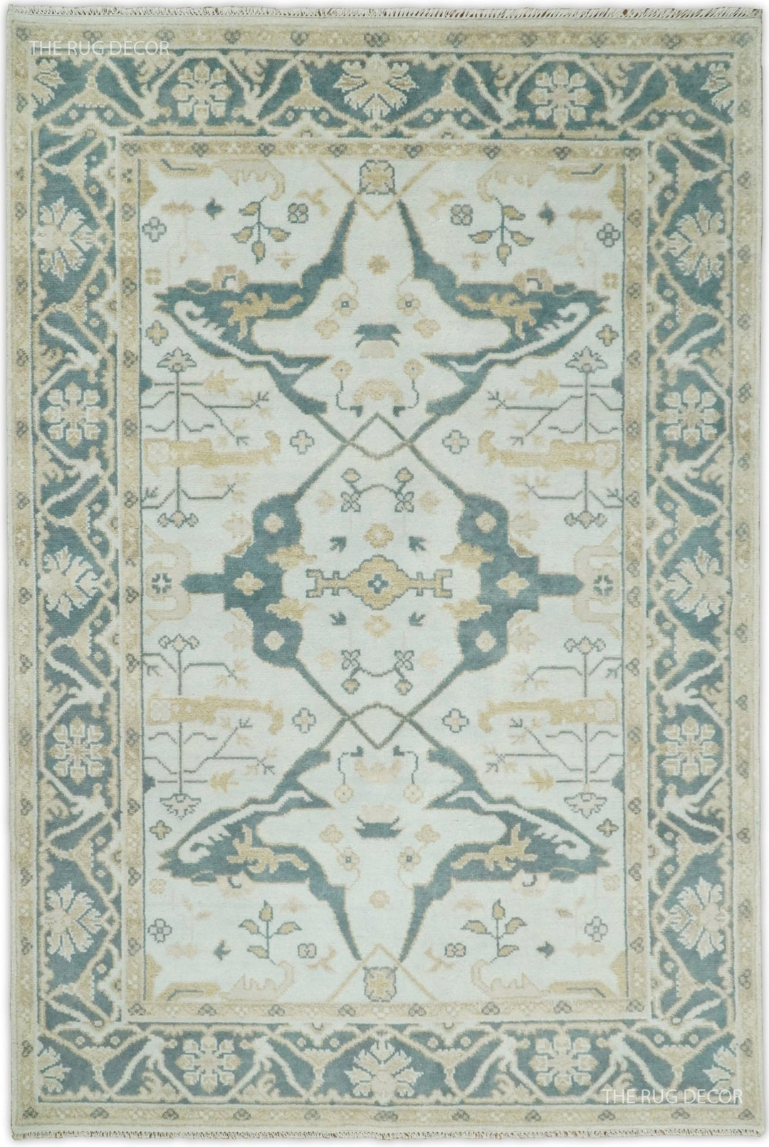 Hand knotted Oushak wool rug with teal and ivory medallion and border