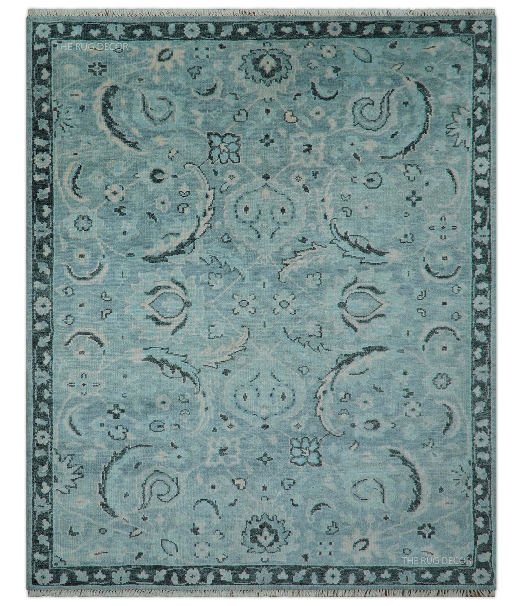 Custom Made Oushak Blue And Beige Hand Knotted Wool Rug