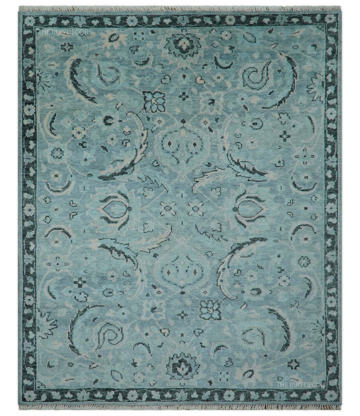 Custom Made Oushak Blue And Beige Hand Knotted Wool Rug