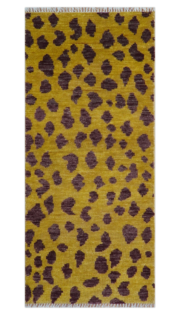 Custom Made Runner Leopard Design Mustard Hand Knotted Wool Rug