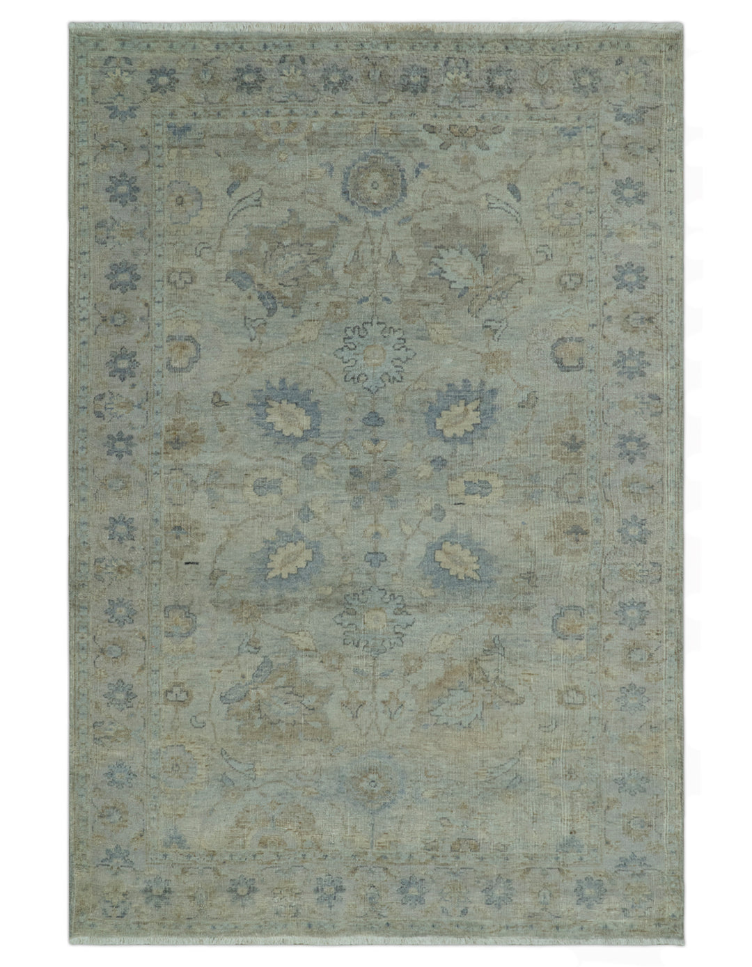 Silver And Beige Traditional Design Hand Knotted 4x5.6 Wool Area Rug