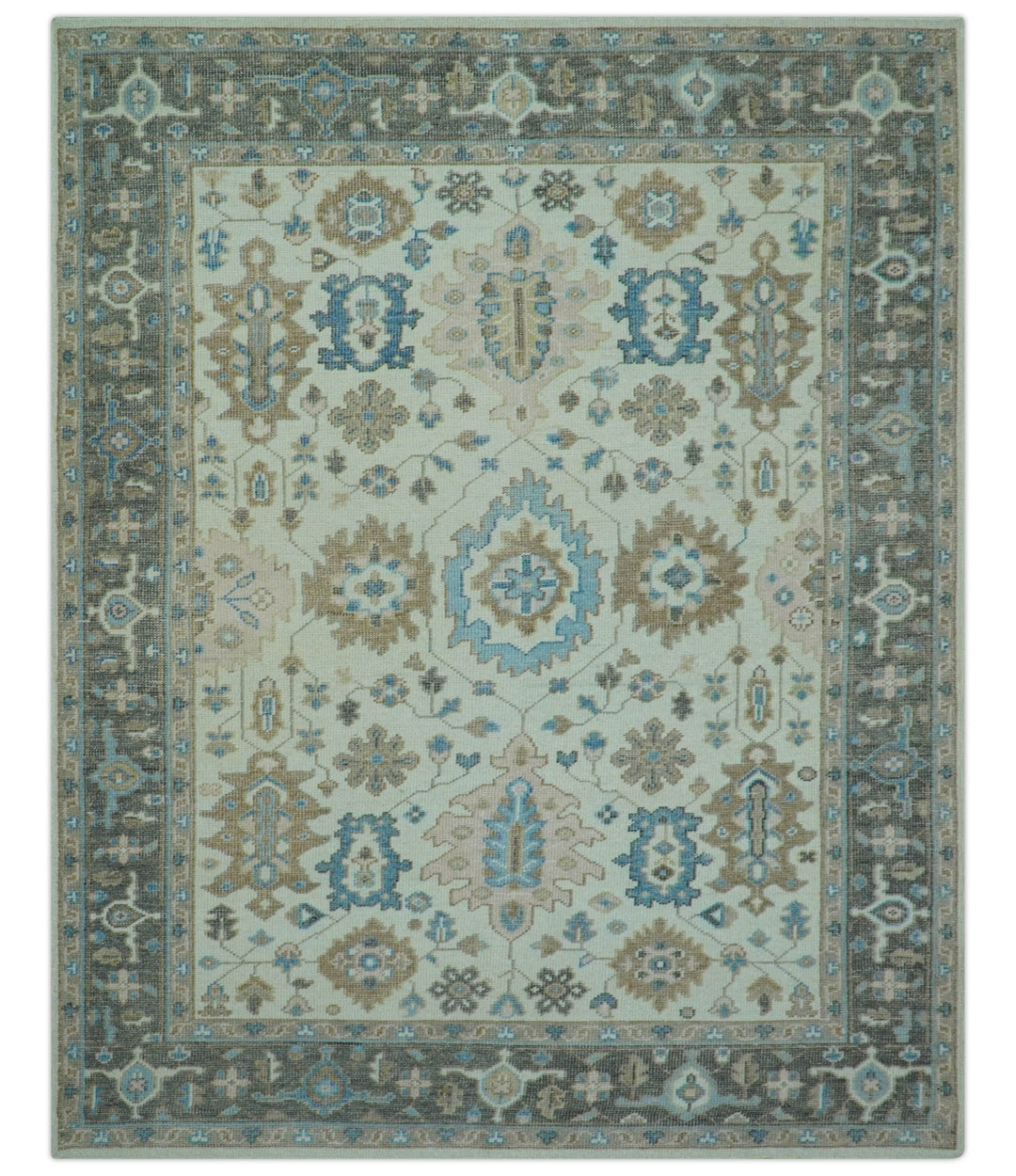Custom Made Hand Knotted Beige and Blue Traditional Turkish Wool Area Rug