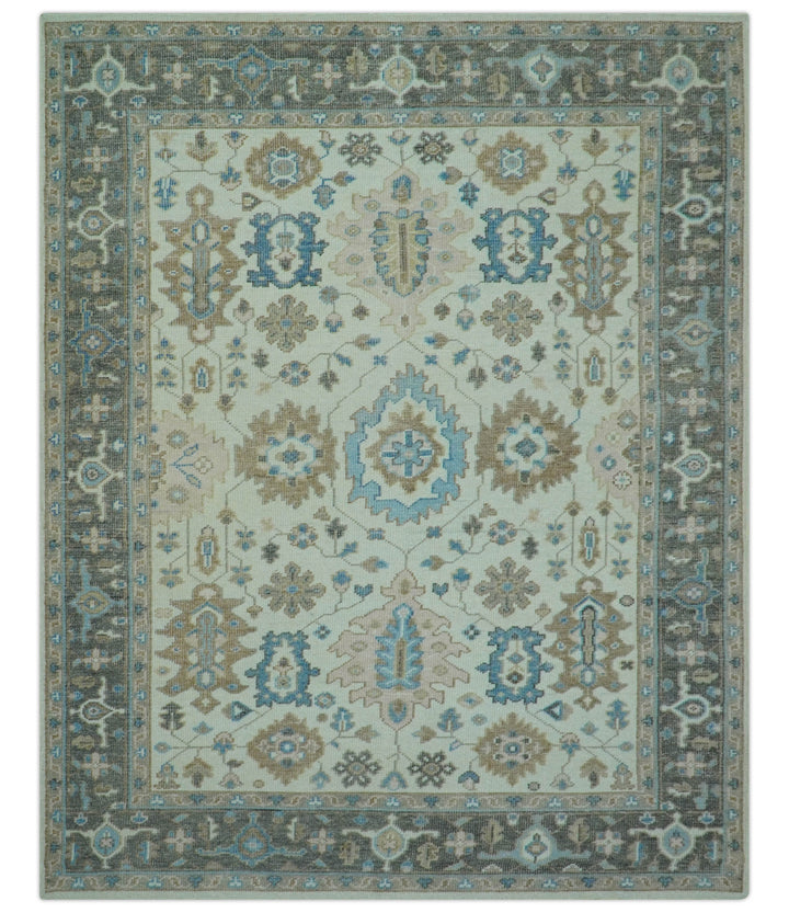 Custom Made Hand Knotted Beige and Blue Traditional Turkish Wool Area Rug