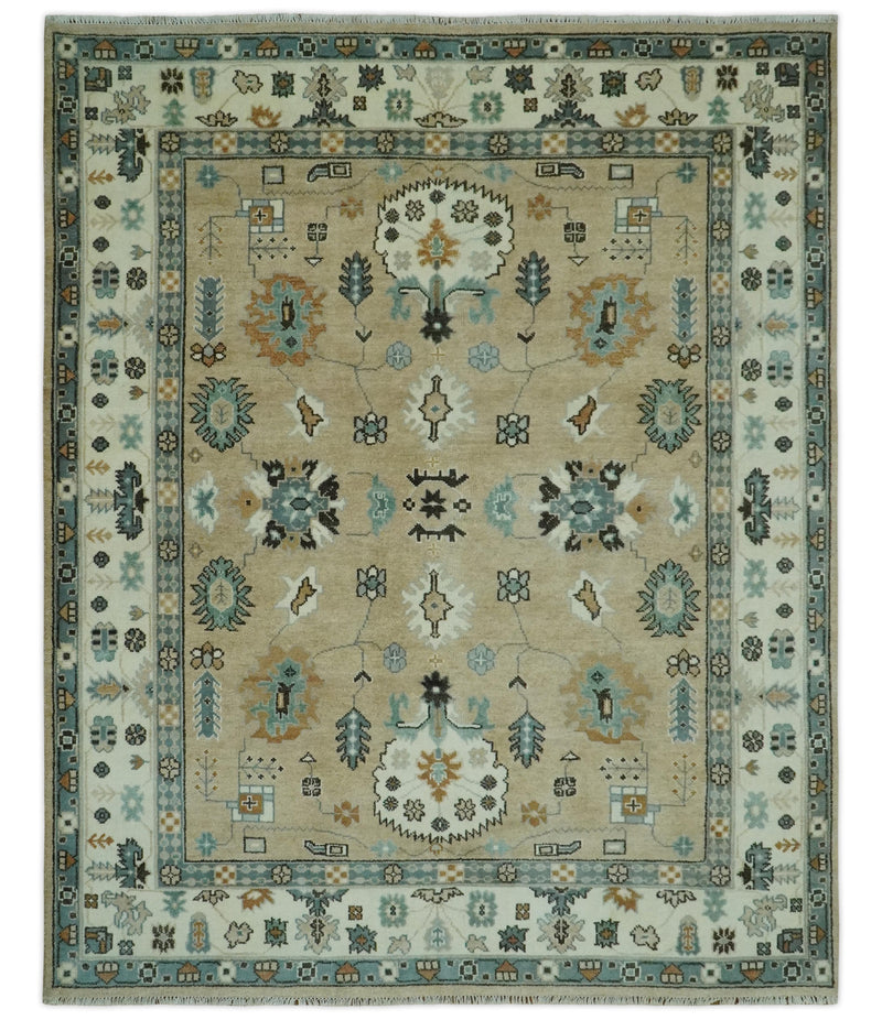 Hand knotted Peach, Ivory and Gray 8x10 Oriental Oushak wool area rug