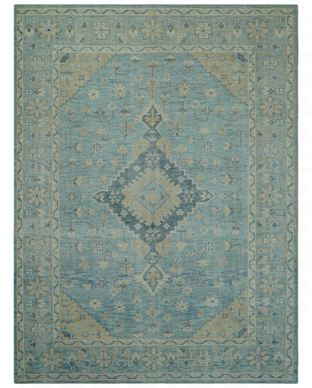 Traditional Turkish Design Blue And Beige Hand Knotted Wool Area Rug
