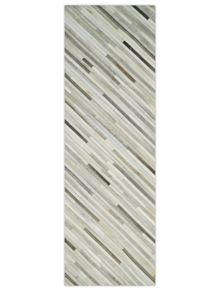 Ready to Ship Modern Beige and Silver Handmade 2.6x8 Leather Rug