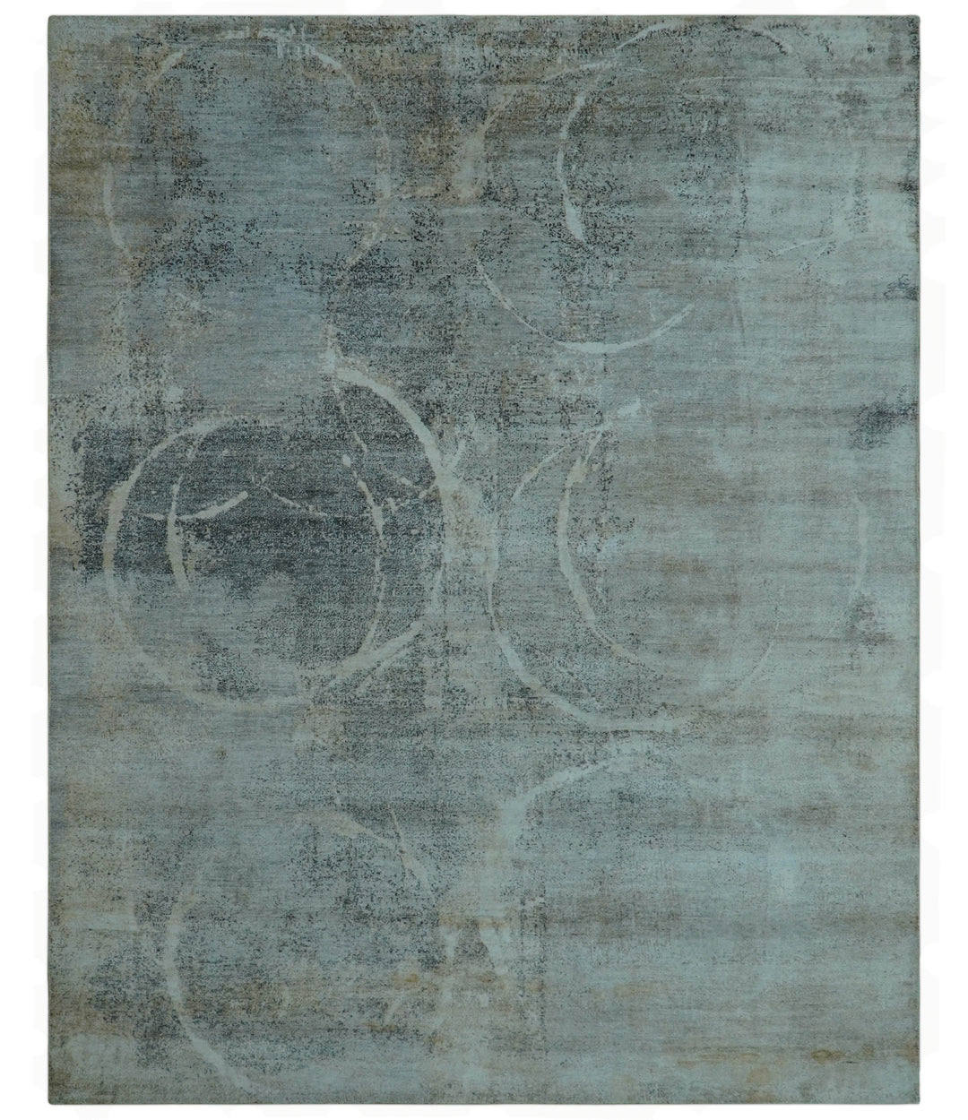Blue And Beige Modern Abstract Design Hand Knotted 8x10 Bamboo Silk Area Rug
