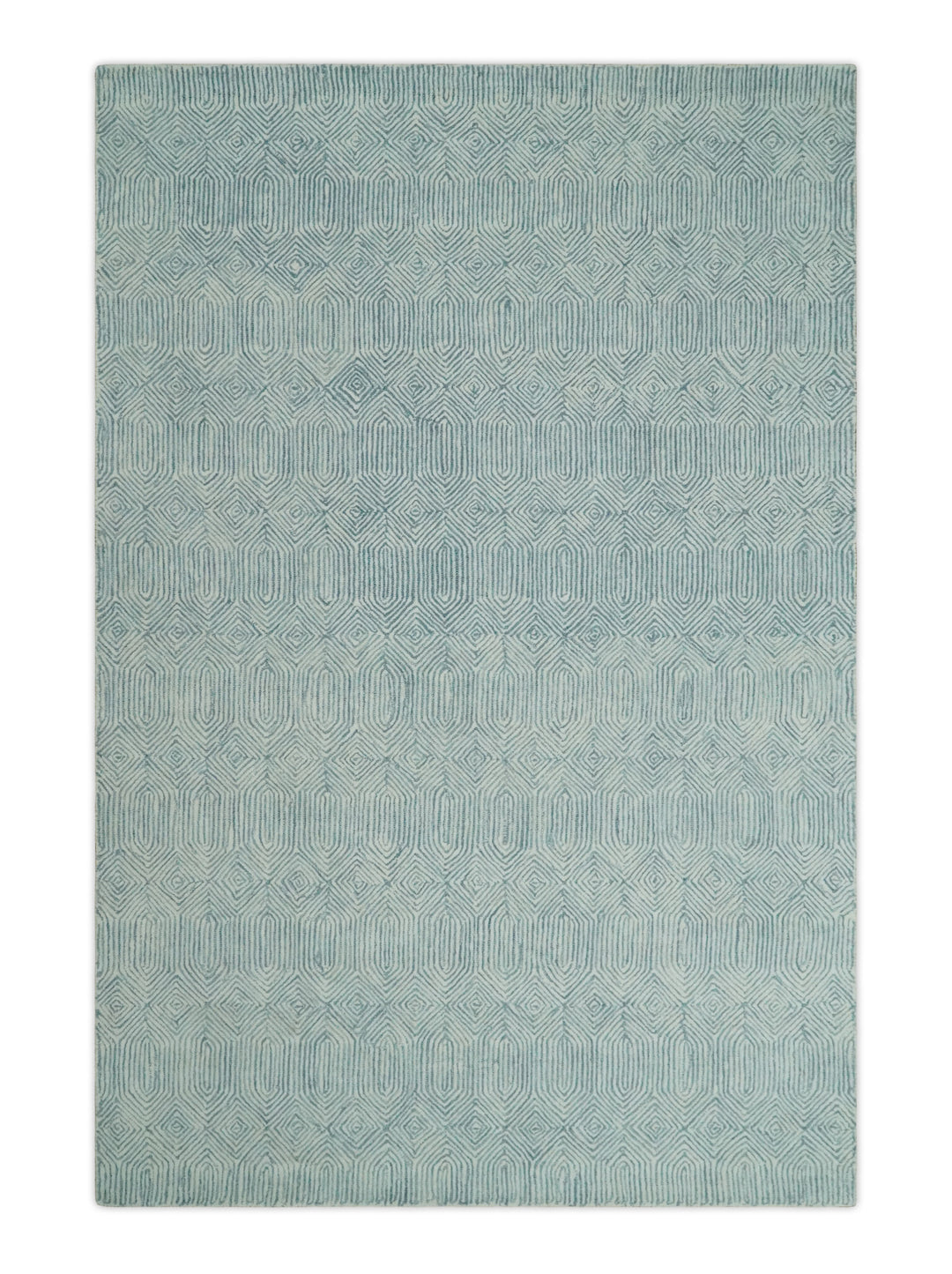 Ready to Ship Teal And Ivory Modern Contemporary Hand Tufted 6x9 Wool Rug