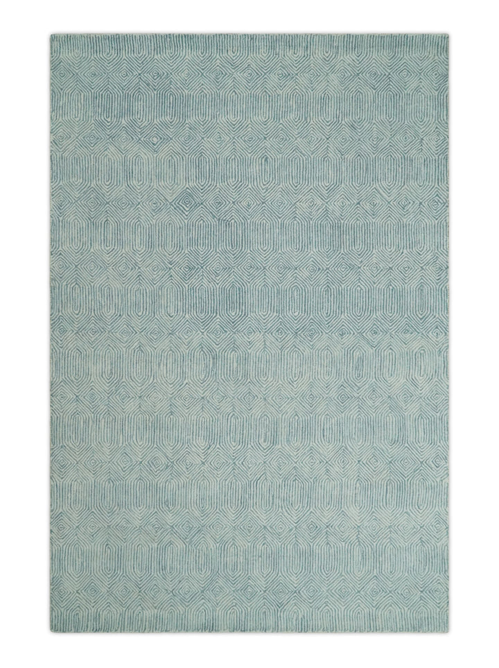 Ready to Ship Teal And Ivory Modern Contemporary Hand Tufted 6x9 Wool Rug