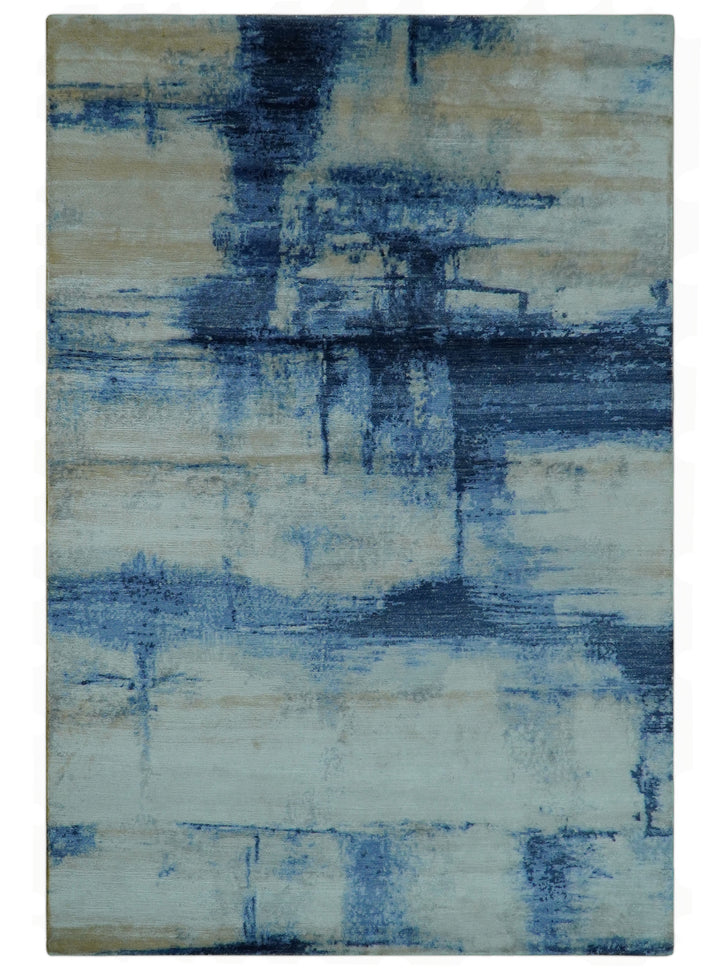Modern Abstract Design Blue And Ivory Hand Knotted 6x9 Bamboo Silk Area Rug