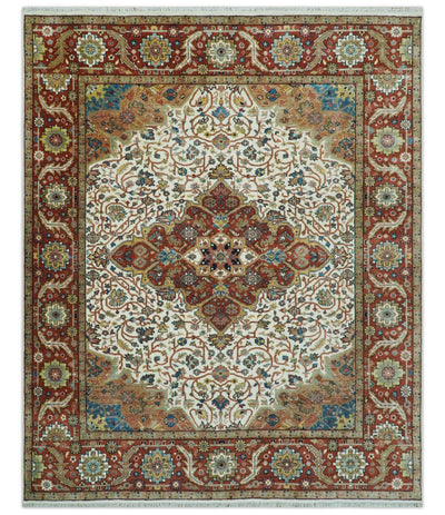 Premium Fine Floral Ivory and Rust Traditional Heriz 9x12 Hand Knotted wool area rug