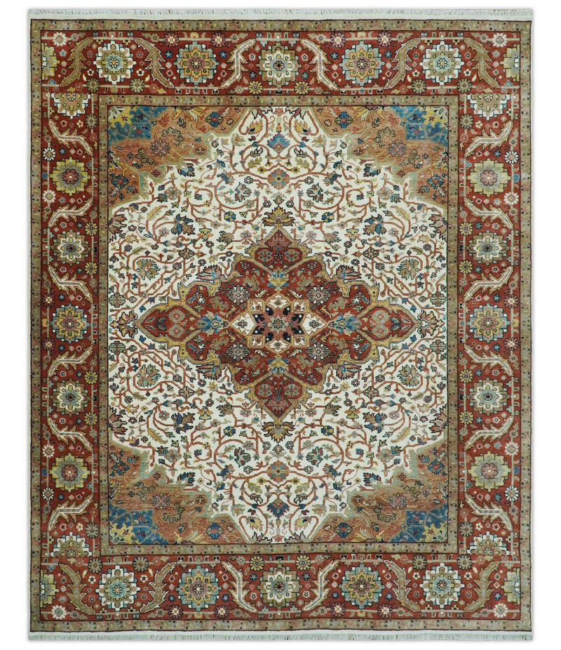 Premium Fine Floral Ivory and Rust Traditional Heriz 9x12 Hand Knotted wool area rug