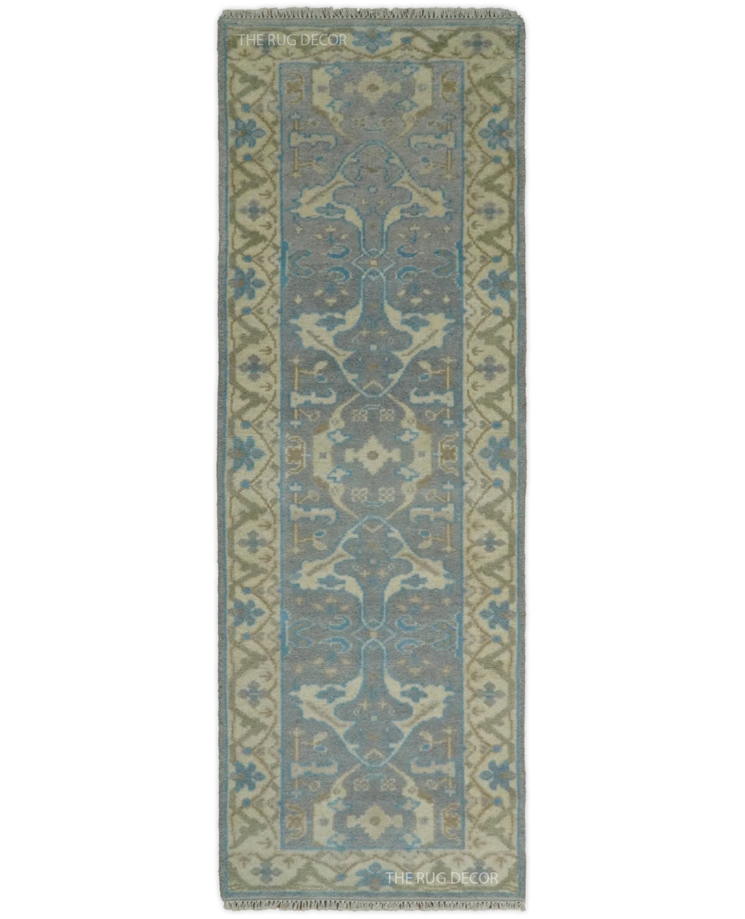 Hand-knotted wool runner rug in gray and beige with blue floral motifs and a patterned border
