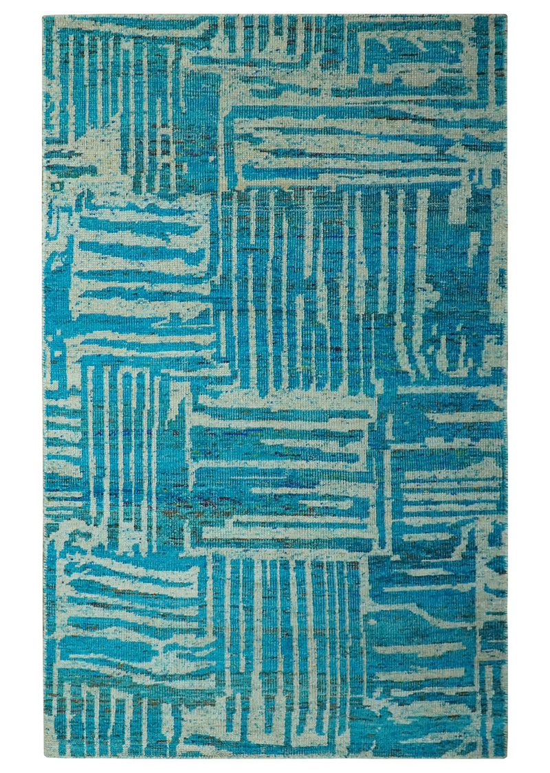 Modern stripes design Blue and Beige 5x8 Hand knotted Traditional wool area rug