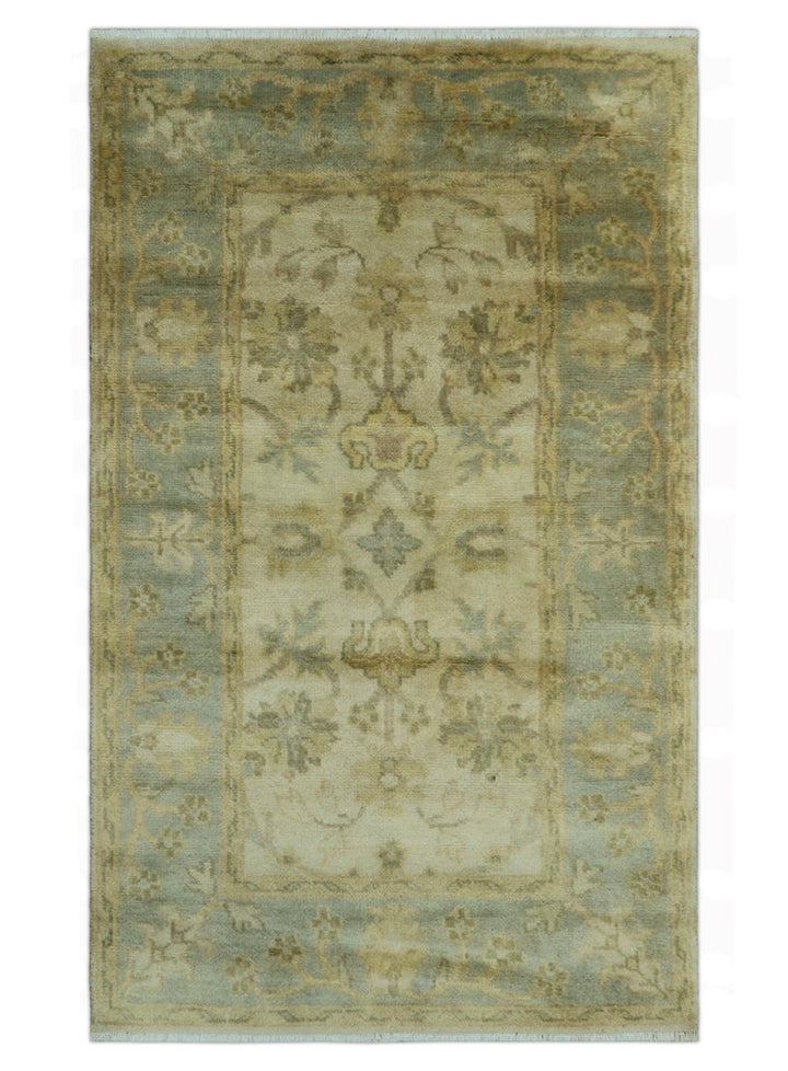 Traditional Oushak Design Blue And Beige Hand Knotted 3x5 Wool Area Rug