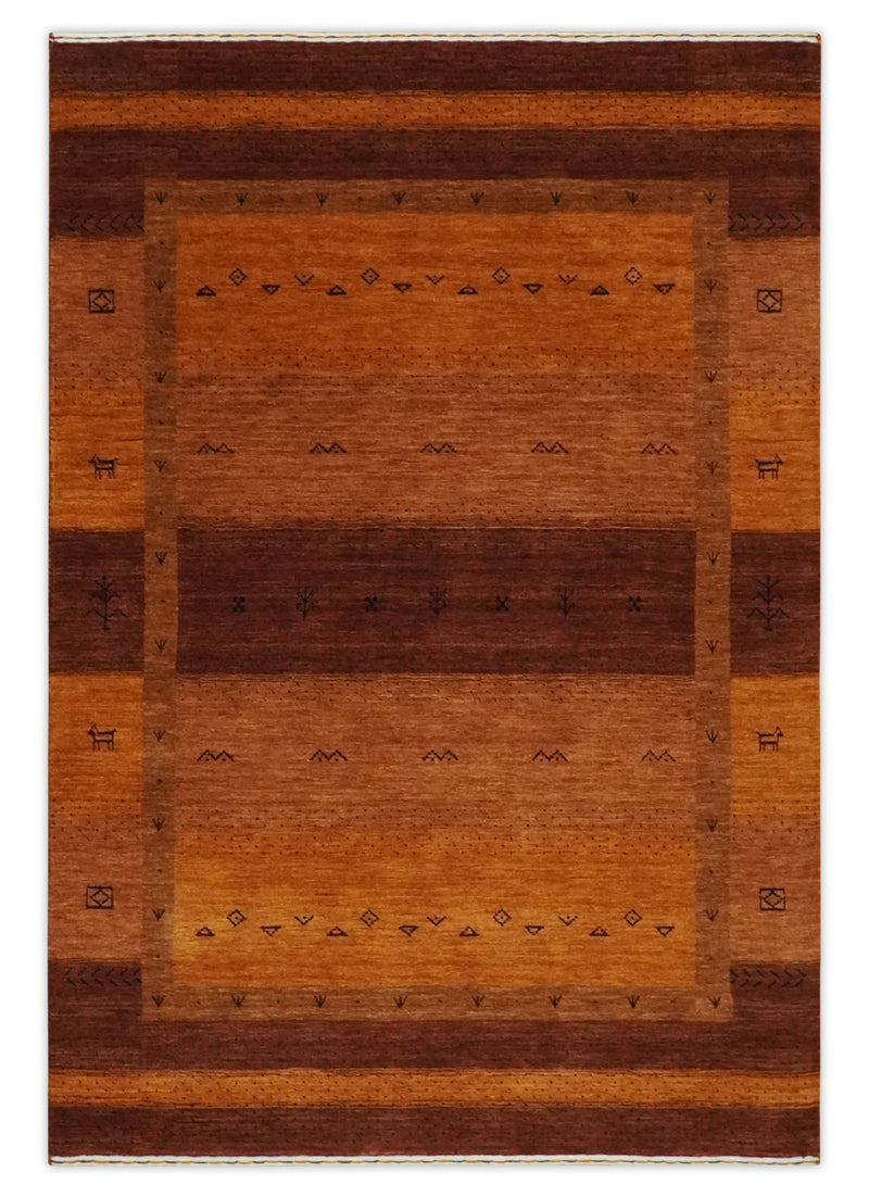 Custom Made geometrical Stripes Design Rust and Brown Hand loom wool Area Rug