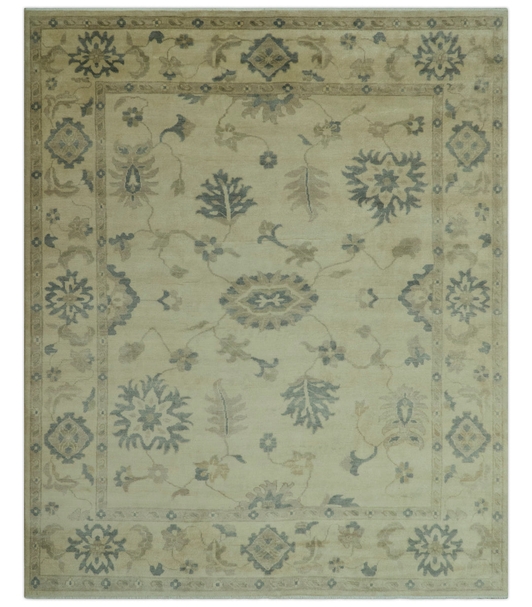 Hand Knotted Beige And Blue Traditional Oushak Design 9x11 Wool Area Rug