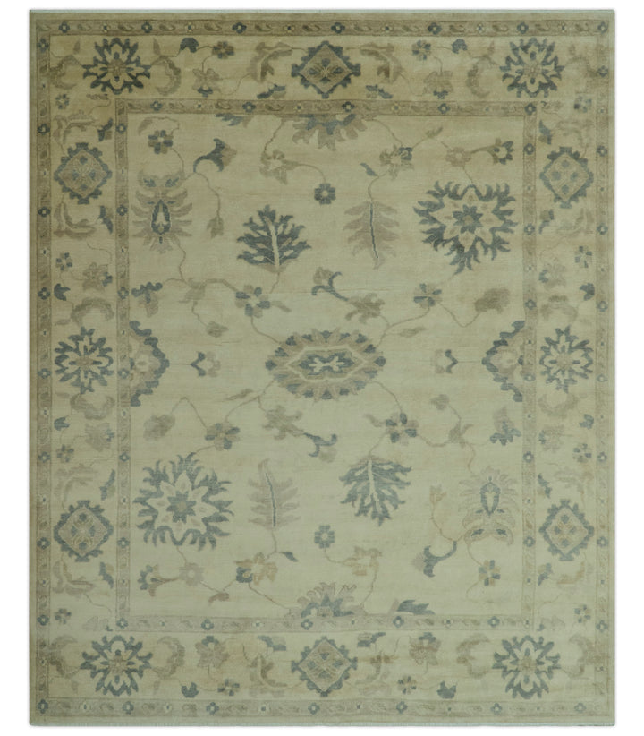 Hand Knotted Beige And Blue Traditional Oushak Design 9x11 Wool Area Rug