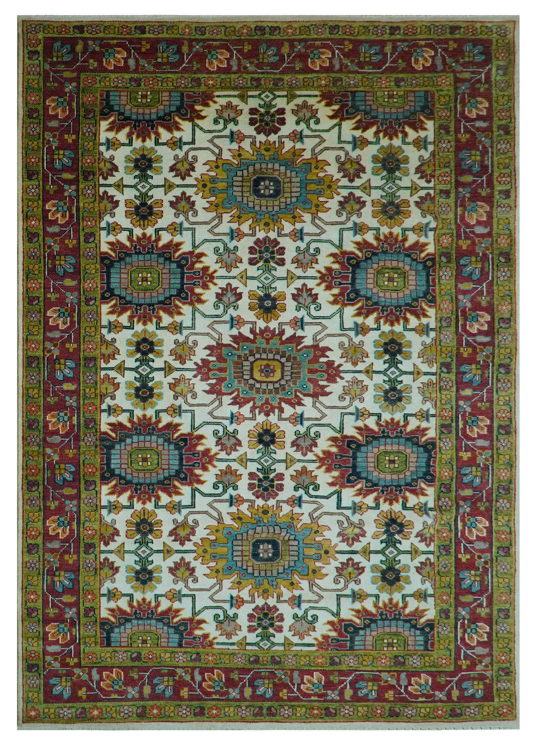 Custom Made Ivory And Maroon Traditional Floral Motifs Design Hand Knotted Wool Rug