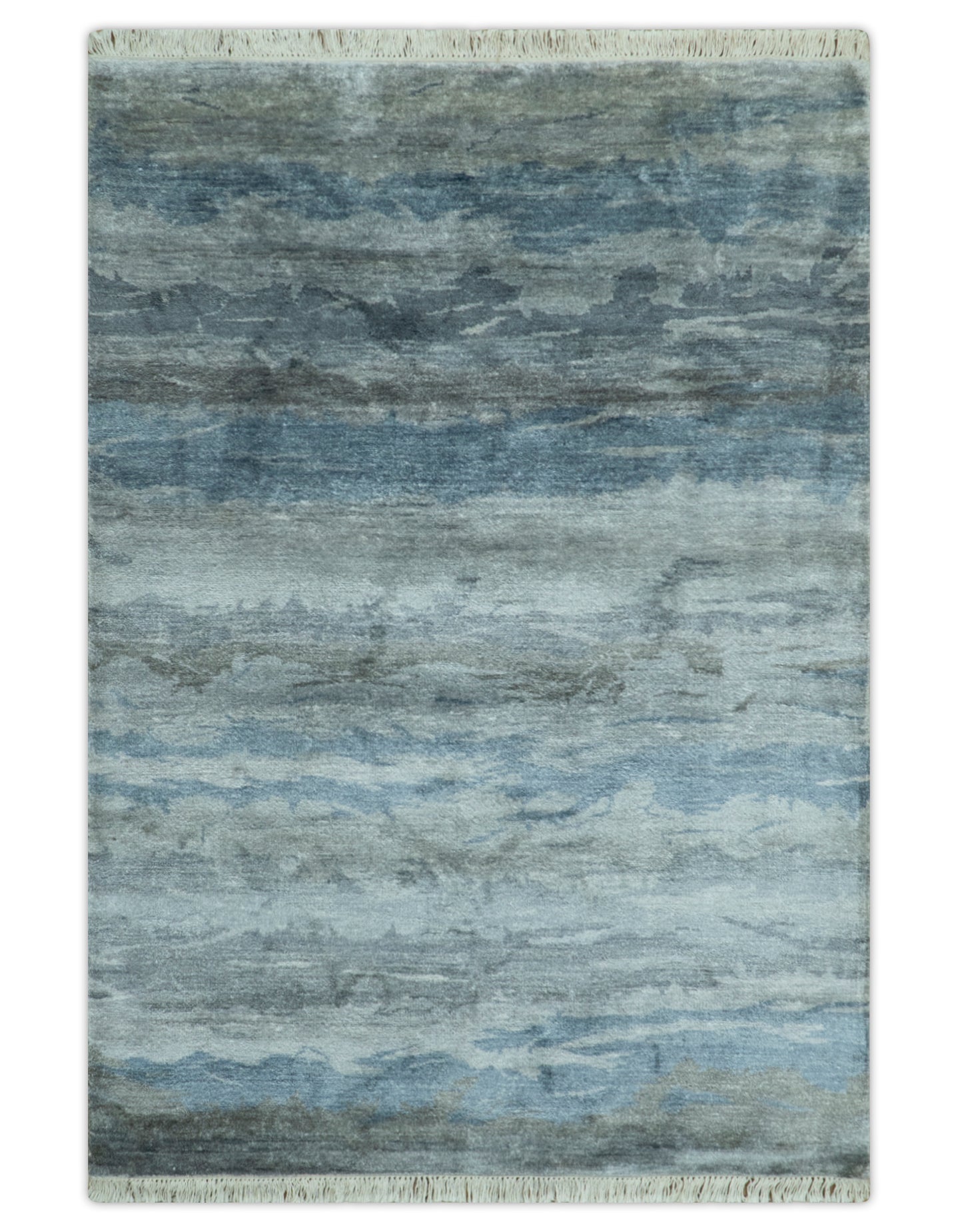 Modern Abstract Pattern Blue And Silver Hand Knotted 4x6 Bamboo Silk Area Rug