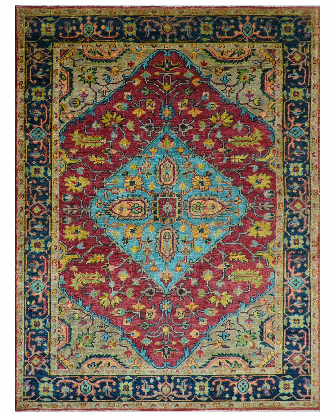 Custom Made Traditional Heriz Design Maroon And Olive Hand Knotted Wool Rug