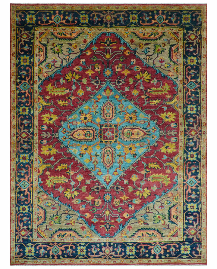 Custom Made Traditional Heriz Design Maroon And Olive Hand Knotted Wool Rug
