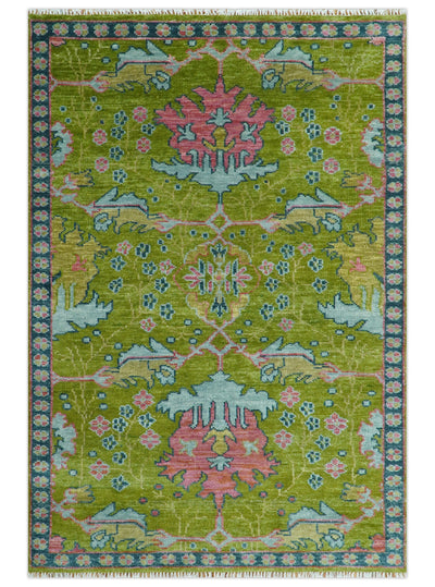 Moss Green, Blue and Peach Hand Knotted Vibrant colorful Donegal Design Multi Size Wool Area Rug