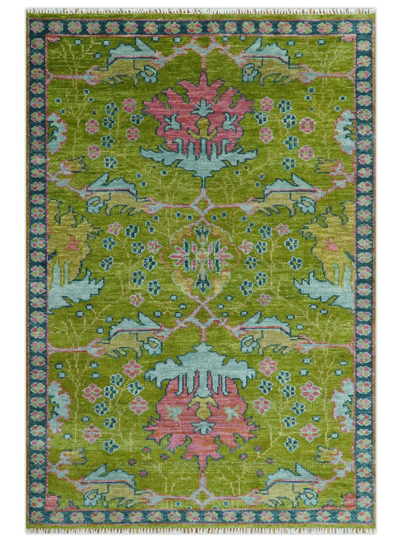 Moss Green, Blue and Peach Hand Knotted Vibrant colorful Donegal Design Multi Size Wool Area Rug