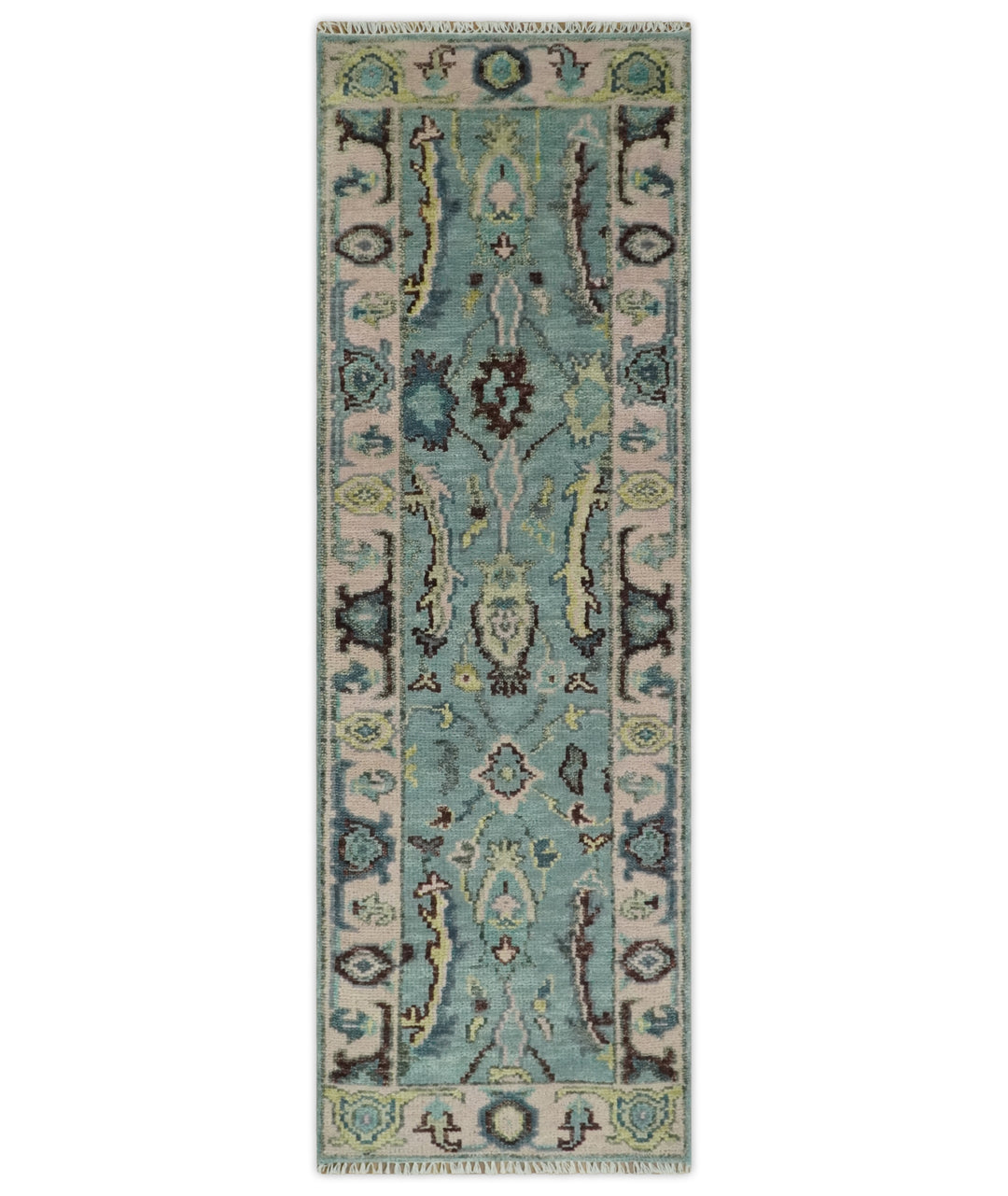 Custom Made Runner Seafoam And Peach Oushak Hand Knotted Wool Rug