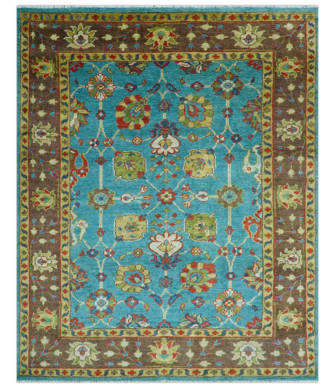 Custom Made Blue And Brown Traditional Floral Hand Knotted Wool Rug