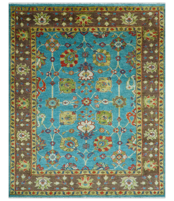Custom Made Blue And Brown Traditional Floral Hand Knotted Wool Rug