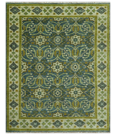 Blue and Olive Traditional motifs design Custom Made wool area rug