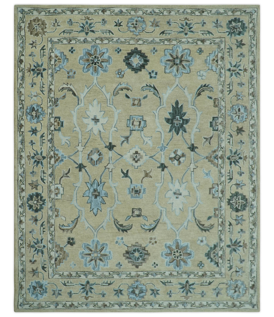 Custom Made Beige, Ivory and Blue Hand Tufted Floral Oriental Oushak wool area rug