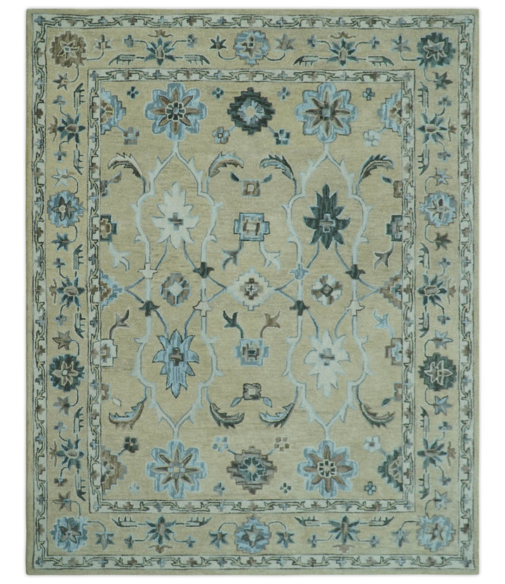 Custom Made Beige, Ivory and Blue Hand Tufted Floral Oriental Oushak wool area rug
