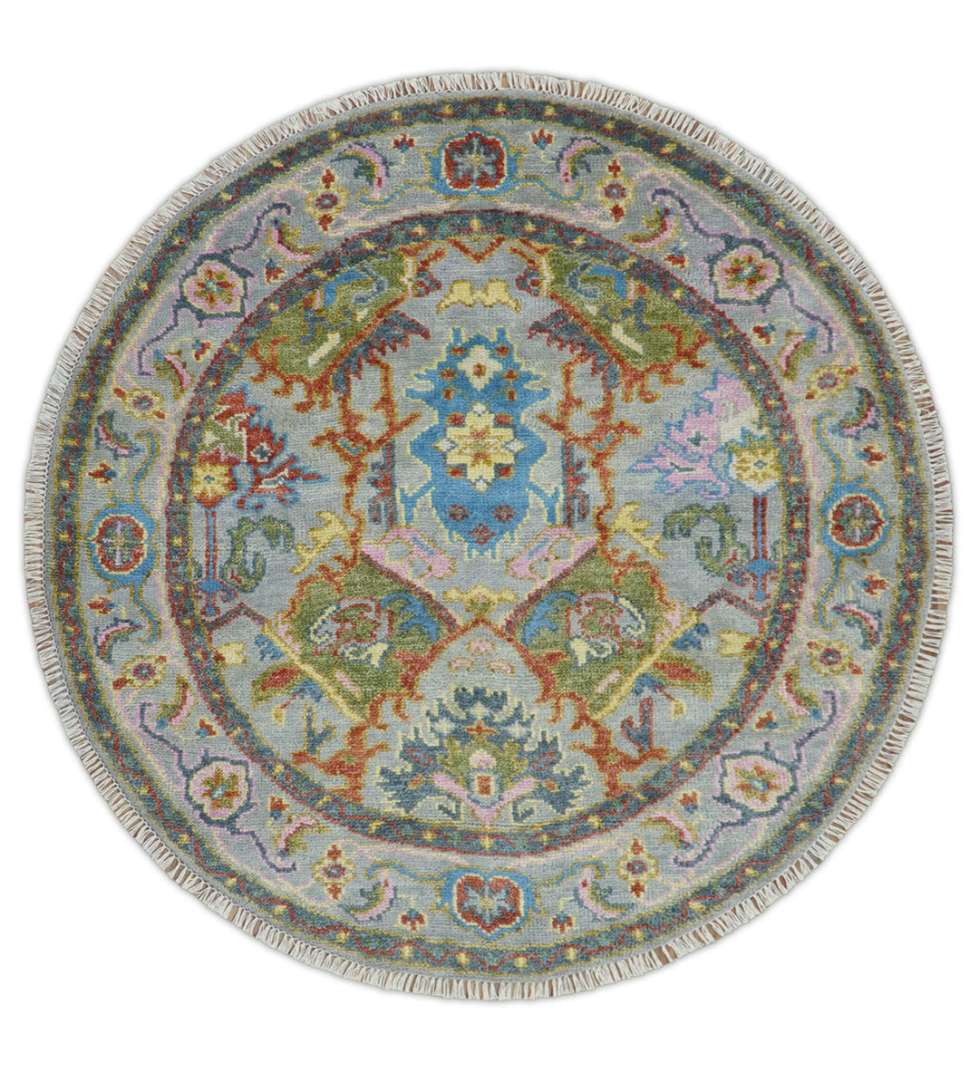 Round multicolor hand-knotted wool rug with ornate medallion and border pattern