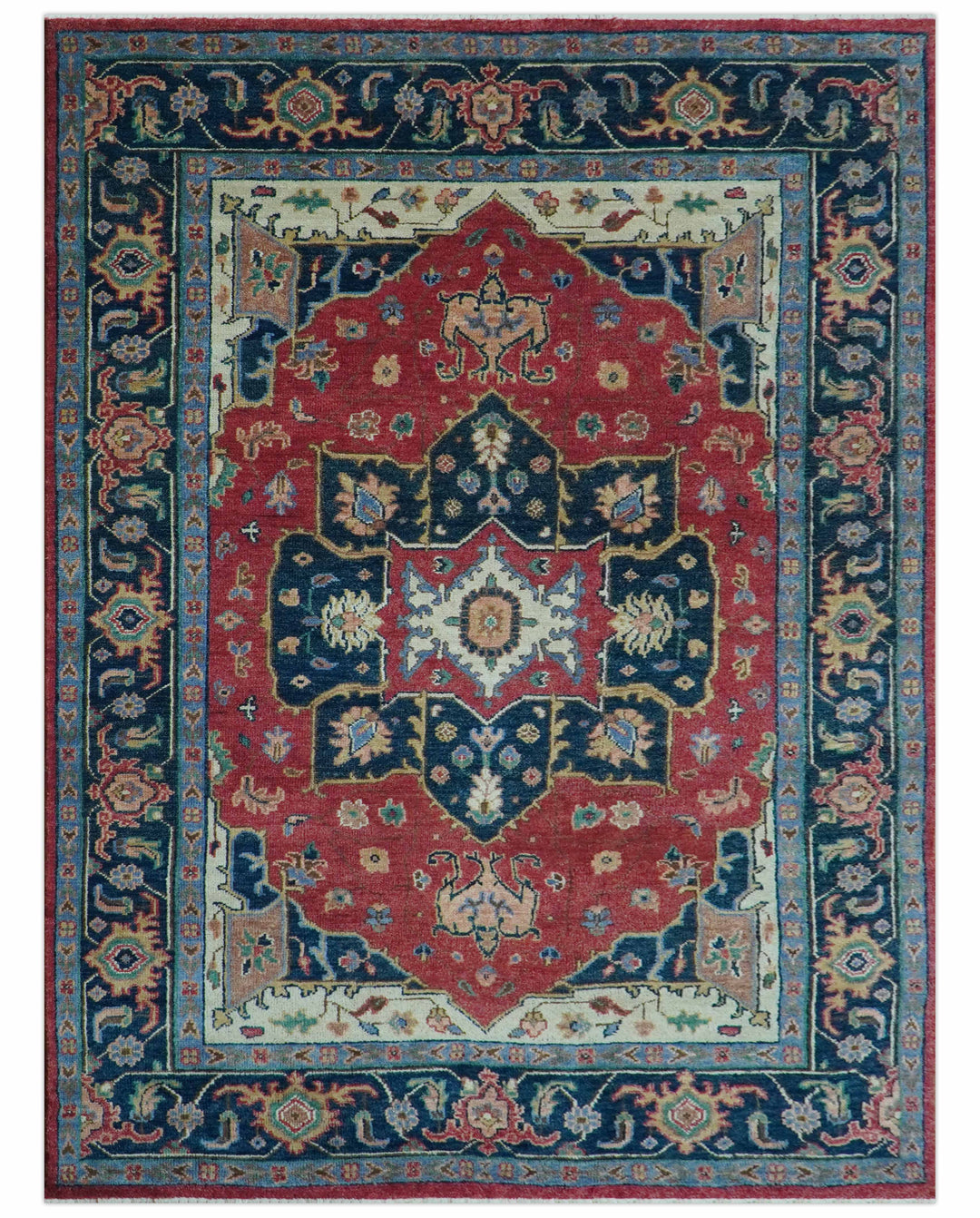 Custom Made Traditional Heriz Red And Blue Hand Knotted Wool Rug