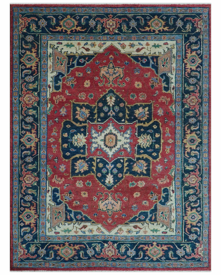 Custom Made Traditional Heriz Red And Blue Hand Knotted Wool Rug