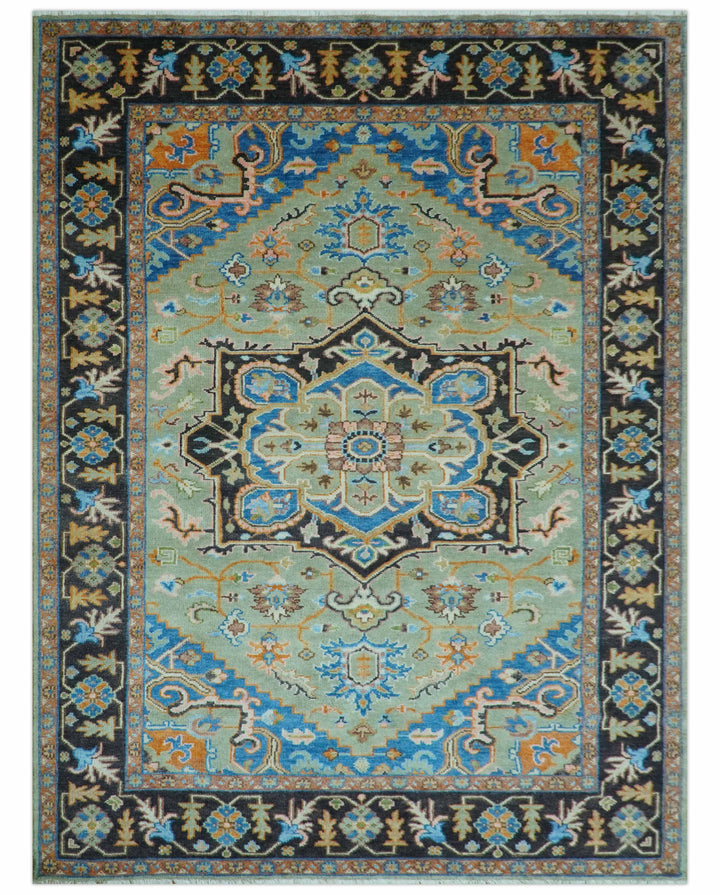 Custom Made Green And Blue Traditional Heriz Hand Knotted Wool Rug